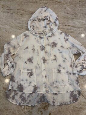 Rachel Zoe 100% Linen Hooded Button Front Tunic Jacket Medium